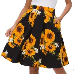 Tandisk NWT Black Sunflower Print A-line Pleated Flared Skirt Size XL